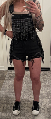 Black Fringe Studded Denim Overalls