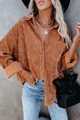 Caramel Corduroy Long Sleeve Button Up Top